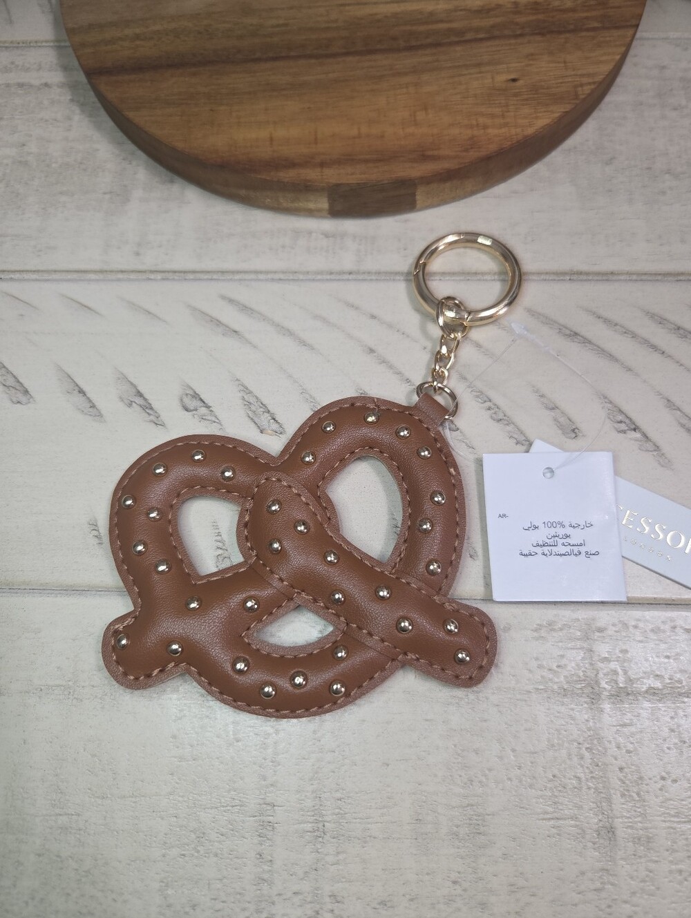 Accessorize Gold-Stud Brown Pretzel Keychain,Bag Charm- NEW